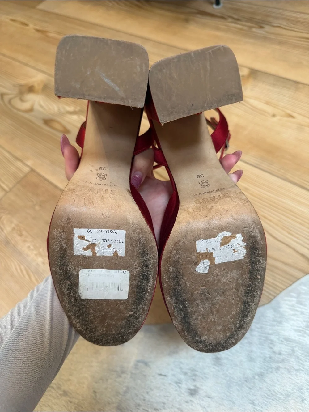 STAUD Red Satin Platform Block Heel Sandals